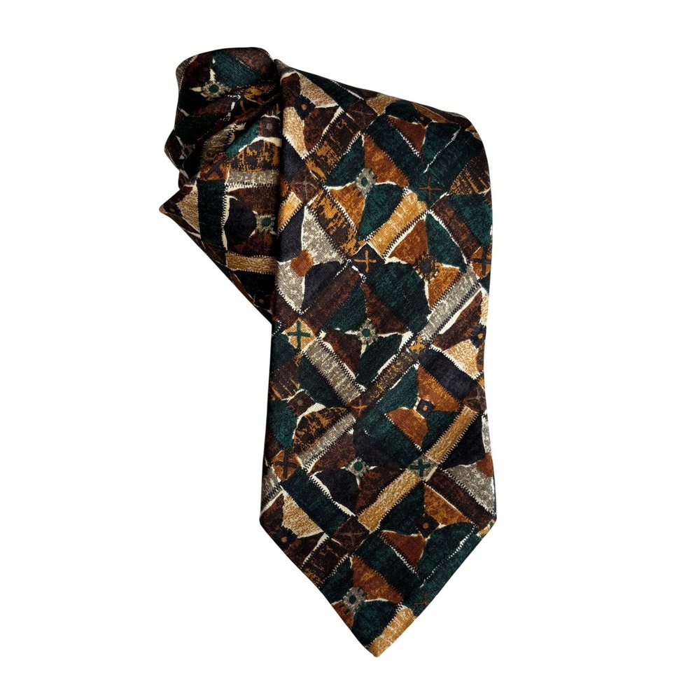 Vintage Ermenegildo Zegna Mens Silk Tie Green Brown Geometric Patchwork Italy